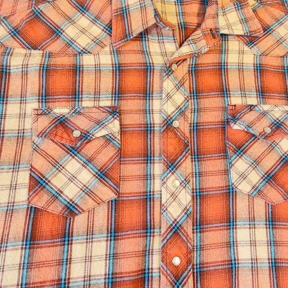 Wrangler Wrancher Flannel Shirt Men's XXL Pearl Snap Button Brick-Red Plaid West - Picture 4 of 12